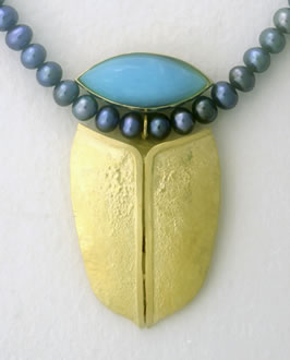 Necklace with Andean Opal and gold Pectoral on grey fresh-water Pearls